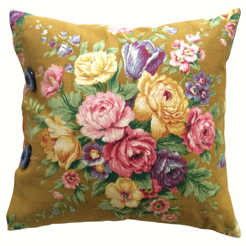 Bright Floral on Mustard vintage cushion with gold backing
